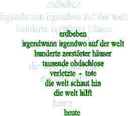 erdbeben
irgendwann irgendwo auf der welt
hunderte zerstrter huser
tausende obdachlose
verletzte  -  tote
die welt schaut hin
die welt hilft

heute 